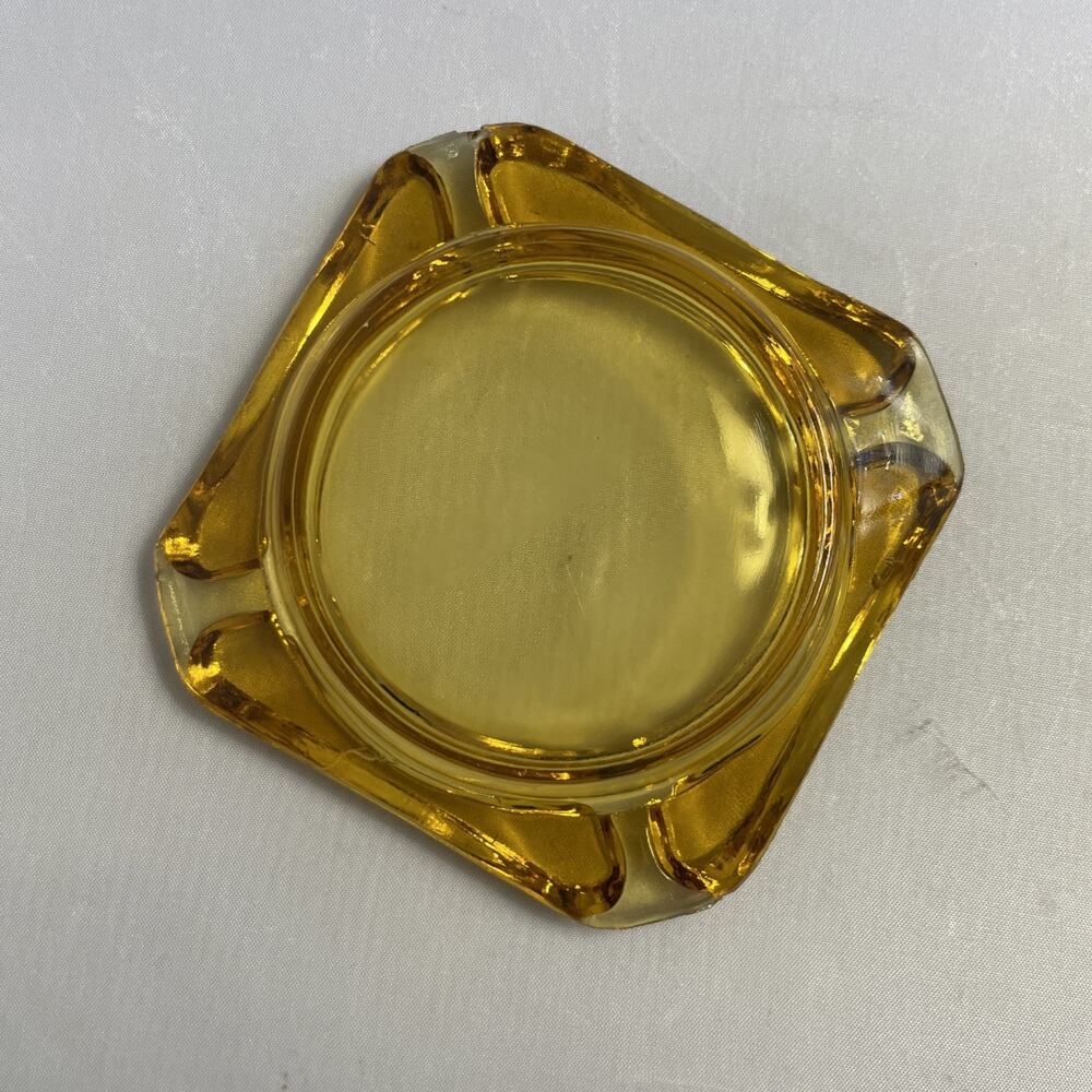 Vintage Yellow Amber Glass Ashtray Square Retro Cigarette 3.5” - Picture 5 of 5